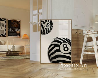 Zebra 8 Ball Poster, Lucky 8 Ball Print, Black and White Funky Wall Art, Retro Y2K Apartment Decor, Preppy Dorm Room Aesthetic, Retro Pirnt, image 3