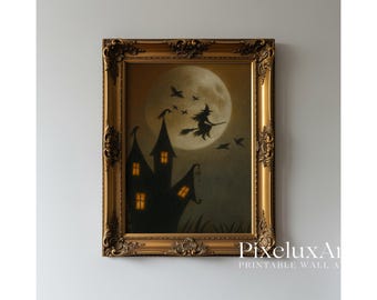 Halloween Wall Art Set of 6 – Spooky Ghosts, Black Cat, Witch, Pumpkin, Haunted House, Full Moon, Vintage Halloween Decor Prints, image 7