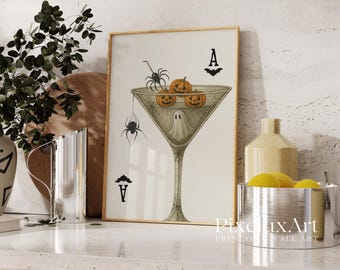 Halloween Cocktail Wall Art – Spooky Ghost & Pumpkin Martini Print with Spiders, Ace Card Vintage Gothic Bar Decor, image 3