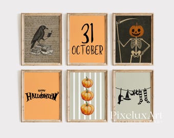 Halloween Wall Art Set of 6 – Vintage Spooky Prints with Crow, Pumpkin Skeleton, Witches Laundry, October 31, Pumpkins, Fall Decor, image 1