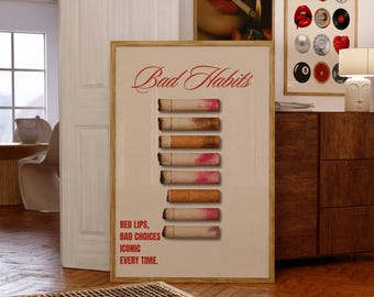 Trendy Wall Print - Red Lips, Cigarettes & Iconic Chaos, Retro Wall Art, Coquette Aesthetic Print, Vintage Poster, Girl Apartment Decor, image 1