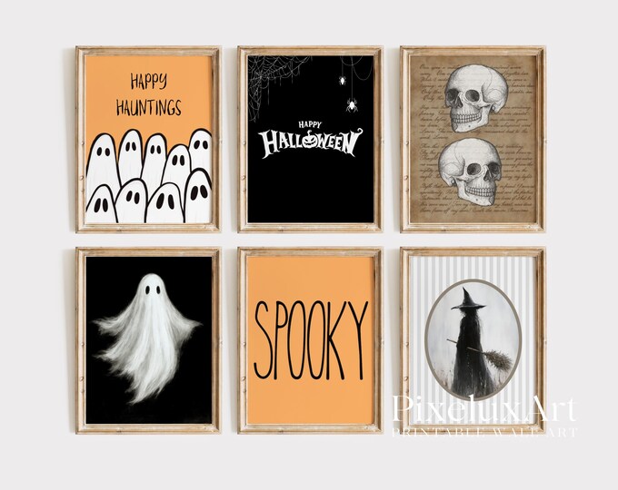 Halloween Wall Art Set of 6 – Spooky Ghosts, Skulls, Witch…
