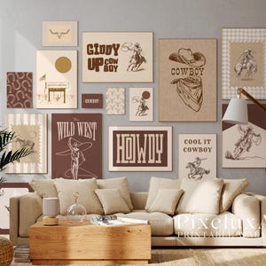 May include: A gallery wall of framed art prints with a Western theme, featuring cowboy illustrations and typography in a neutral colour palette. Prints include phrases like "Giddy Up Cow Boy", "Wild West", and "Howdy". The artwork is displayed above a beige sofa.