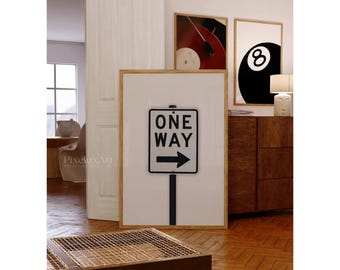One Way Sign Poster – Funky Retro Wall Art, Black and White Street Sign Print, Teen Room Decor, Collage Aesthetic Apartment Print, image 1