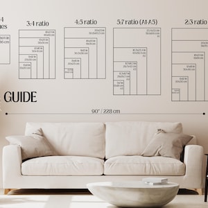 May include: A size guide graphic displays various print sizes in inches and centimeters, including 11x14 inches (28x36 cm), and ratios like 3:4, 4:5, 5:7 (A1-A5), and 2:3. The text "SIZE GUIDE" is prominent. A sofa and coffee table are in the foreground.