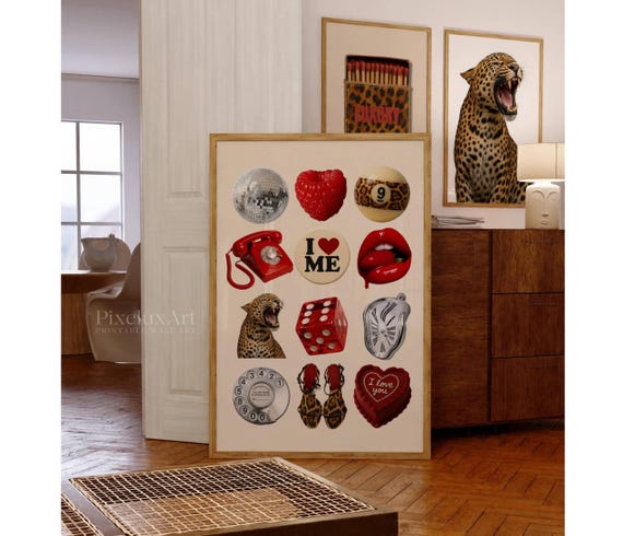 Retro Disco Collage Print: Red Leopard