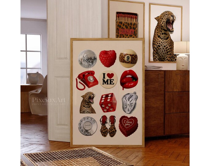 Retro Disco Collage Print: Red Leopard, Y2K Dorm Decor…