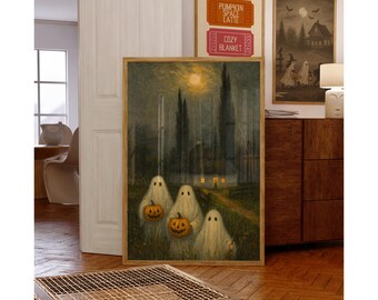 Ghosts with Pumpkins Wall Art – Spooky Vintage Halloween Printable, Haunted Night Cottage Scene Gothic Fall Decor Print, image 5