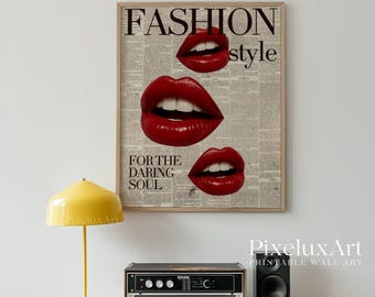 Fashion Newspaper Print, Red Lips Wall Art, Daring Soul Poster, Trendy Retro Wall Art, Girly Dorm Room & Vanity Decor, Printable Art, image 5