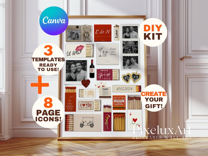 May include: A printable wall art DIY kit with 3 templates and 8 page icons. The kit features a collage of matchboxes with various designs, including hearts, photos, and text. The text includes "E&H", "Love", "Emily and Henry", "Spring", "My Forever Love", "I Love You", "Toronto", and "10.12.2024".