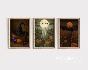 Halloween Wall Art Set of 6 – Spooky Pumpkin Skeleton, Haunted House, Ghost, Witch Hat, Full Moon, Vintage Halloween Decor Prints, image 4