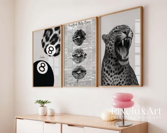 Black and White Leopard Wall Art Set, Fashion Poster Trio, Newspaper Lips & Lucky 8 Print, Modern Glam Printable Decor, image 4