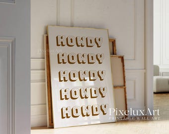 Impresión retro "Howdy" en beige, arte mural con tipografía del oeste, póster de estética neutra, decoración sureña, impresión minimalista del oeste, arte mural rústico.
