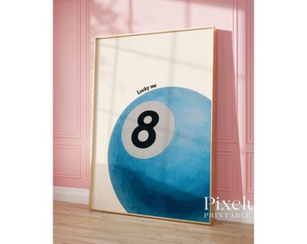 Lucky 8 Ball Print, Pool Ball Print, Vintage Game Room Decor, Luck Wall Art, Blue Billiards Print, Pool Print, Retro Art, Funky Vintage Art, image 5