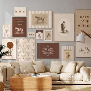 May include: A collection of framed art prints with a Western theme, featuring cowboys, horses, and vintage illustrations. The prints are in shades of brown, beige, and cream, creating a rustic and vintage aesthetic. The wall art is displayed above a beige sofa.