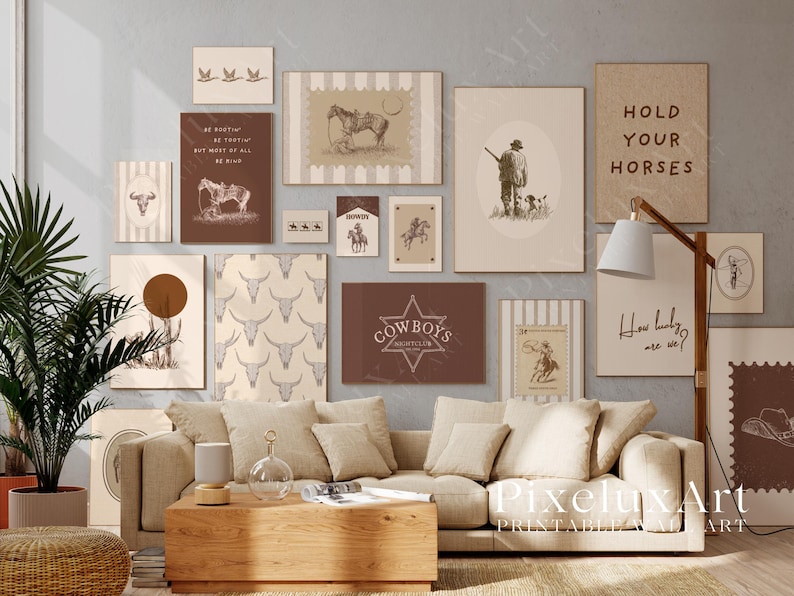 May include: A collection of framed art prints with a Western theme, featuring cowboys, horses, and vintage illustrations. The prints are in shades of brown, beige, and cream, creating a rustic and vintage aesthetic. The wall art is displayed above a beige sofa.