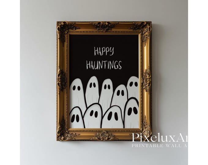 Happy Hauntings Halloween Poster, Cute Ghost Wall Art…