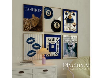 Navy Blue Leopard Wall Art Set – 6 Trendy Posters, Y2K Fashion Decor, Trendy Leopard Print, Aesthetic Navy Apartment Decor, Leopard Wall Art, image 1