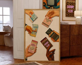 Retro Matchbook Poster, Vintage Matchbox Collage, Funky Vintage Wall Art, Trendy Bar Cart Decor, Leopard Matchbox Print for Cool Girl Dorms, image 1