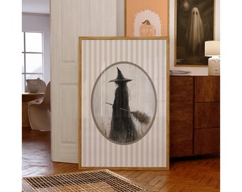 Vintage Witch Wall Art – Spooky Halloween Printable with Witch Hat & Broom, Gothic Dark Academia Rustic Fall Decor Print, image 5