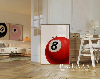 Lucky 8 Ball Print, Pool Ball Print, Vintage Game Room Decor, Luck Wall Art, Red Billiards Print, Pool Print, Retro Art, Funky Vintage Print, image 4