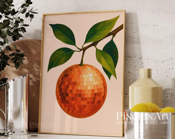 Retro Orange Disco Ball Decor, Trendy Kitchen Prints, Fruit…