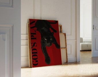 God’s Plan Panther Poster | Black Cat Wall Art, Collage Apartment Print, Y2k Fashion Print, Bold Red Minimalist Printable, Masculine Decor, image 7
