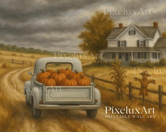 Pumpkin Farmhouse Wall Art – Vintage Fall Truck with Pumpkins, Rustic Autumn Country House Print for Cozy Seasonal Home Decor, image 3