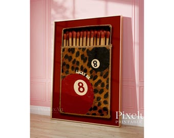 Vintage Leopard 8 Ball Matchbox Print, Red Matchbook Wall Art, Aesthetic Funky Wall Art, Retro Collage Apartment Decor, Preppy Girly Prints, image 3