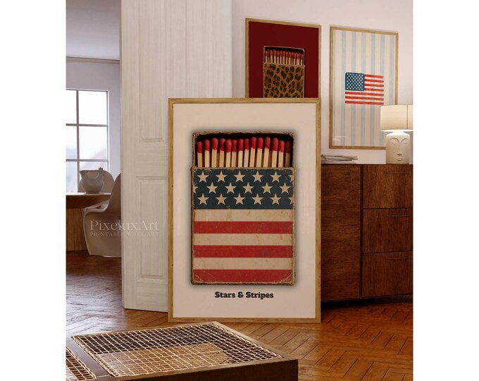 American Flag Matchbox Poster, Vintage American Wall Art…
