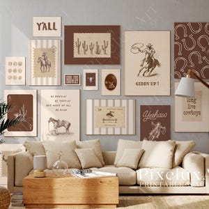 May include: A collection of framed prints with a Western theme, including images of cowboys, horses, and cacti. The prints feature text such as "Yeehaw" and "Giddy Up!" in a rustic style. The color scheme is predominantly brown and beige.