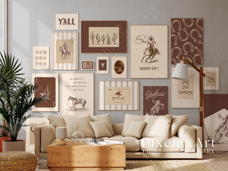 May include: A collection of framed prints with a Western theme, including images of cowboys, horses, and cacti. The prints feature text such as "Yeehaw" and "Giddy Up!" in a rustic style. The color scheme is predominantly brown and beige.