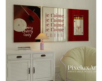 Set of 6 Girly Red Wall Art Prints - Feminine Aesthetic Poster, Vintage Matchbox, Typography, Vinyl Print, Trendy Dorm & Apartment Wall Art, image 3