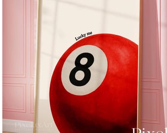 Lucky 8 Ball Print, Pool Ball Print, Vintage Game Room Decor, Luck Wall Art, Red Billiards Print, Pool Print, Retro Art, Funky Vintage Print, image 3