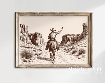 Cowboy Desert Wall Art | Western Landscape Print | Rustic Country Decor | Vintage Horseback Poster | Cowboy Riding Through Canyon, image 3