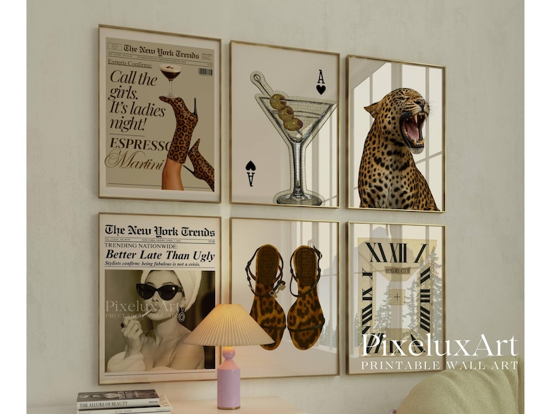 May include: A collection of framed wall art prints. The prints feature various designs, including a martini glass with olives, a leopard, and text that reads "Call the girls. It's ladies night! Espresso Martini."