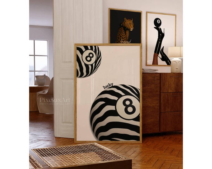 Zebra 8 Ball Poster, Lucky 8 Ball Print, Black and White…