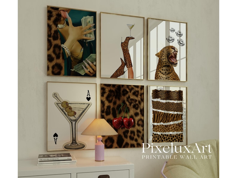 May include: A set of six framed wall art prints. The prints feature a variety of images, including a hand holding money, a martini glass, a leopard, and a pair of high heels. The color palette includes gold, brown, and white. The text "PixeluxArt PRINTABLE WALL ART" is visible.