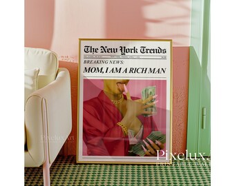 Rich Man Newspaper Poster, Fashion Money Wall Art, Y2K Trendy Print, Luxe Glam Decor, Feminine Bedroom Art, Modern Chic Printable Poster, image 3