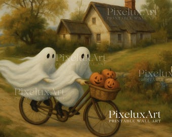 Ghosts on Bicycle Wall Art – Spooky Halloween Printable with Pumpkins, Vintage Cottagecore Haunted Fall Decor, Whimsical Ghost Print, image 3