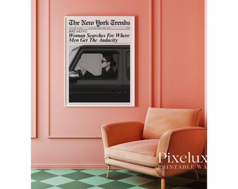 Trendy Newspaper Print, Woman Searches Men Audacity Retro Girly Wall Art, Dorm Room Poster, Magazine Newspaper Art Print for Girl Apartments, image 9