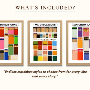 May include: Three framed images with the text "MATCHBOX ICONS" at the top of each. Each frame contains a collection of colourful matchbox illustrations.