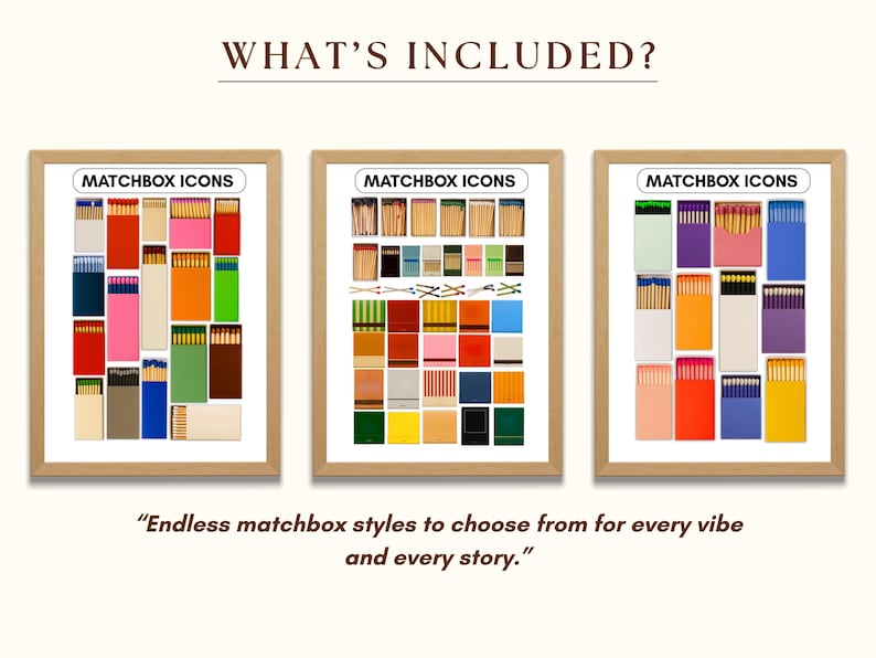 May include: Three framed images with the text "MATCHBOX ICONS" at the top of each. Each frame contains a collection of colourful matchbox illustrations.