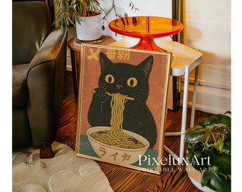 Vintage Cat Eating Ramen Poster, Noodle Illustration Art, Ramen Lover Gift, Quirky Cat Kitchen Decor, Japanese Decor, Gift for Noodle Lover, image 7