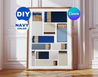Marineblauwe sjabloon voor matchbookcanva • DIY-poster voor aangepaste lucifers • Gepersonaliseerde luciferdoosje digitale download • Bewerkbare blanco luciferdooskunst cadeau