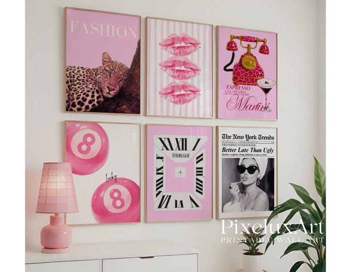 Retro Pink Gallery Leopard Wall Art Set – 6 Trendy Posters…