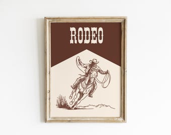 Pôster de Rodeio Cowboy | Impressão de Arte de Parede no Estilo Faroeste | Design Rústico de Selo | Decoração de Fazenda | Ilustração Vintage de Cowboy