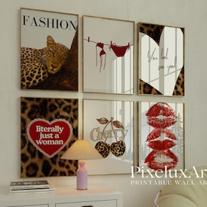 May include: Six framed wall art prints with gold frames. The prints feature a leopard, a red bikini, a heart with leopard print, a heart with the text "literally just a woman", cherries, and red lips. The word "FASHION" is at the top of one print.