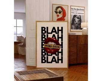 Red Lips Print, Bold Lips Wall Art, Pop Art Printable, Trendy Collage Poster, Blah Blah Wall Art, Red Eclectic Girly Wall Art, Funky Print, image 3