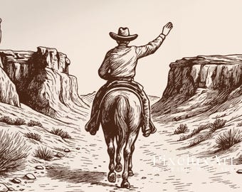 Cowboy Desert Wall Art | Western Landscape Print | Rustic Country Decor | Vintage Horseback Poster | Cowboy Riding Through Canyon, image 6